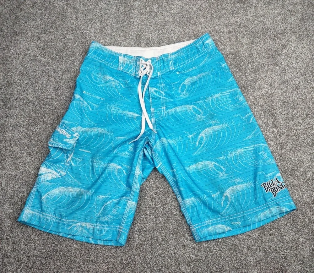 Billabong Boardshorts Men 29 Blue Ocean Wave Beer Stained Beach Volleyball Pong